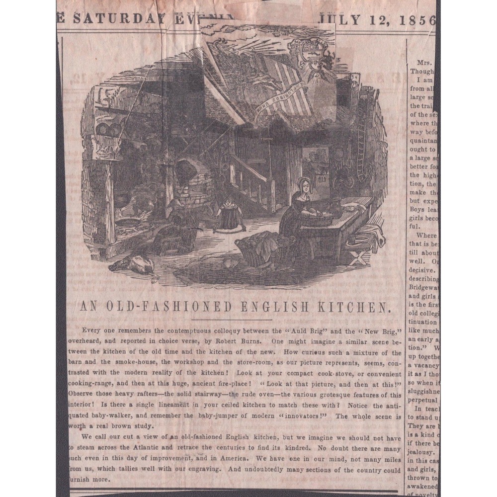 1856 Saturday Evening Post Clipping An Old-Fashioned English Kitchen Engraving
